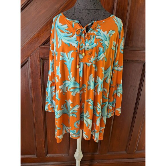 passport Susan Graver Orange Blue Floral 2X Peasant Top W/ Rhinestone Accents - Picture 1 of 10